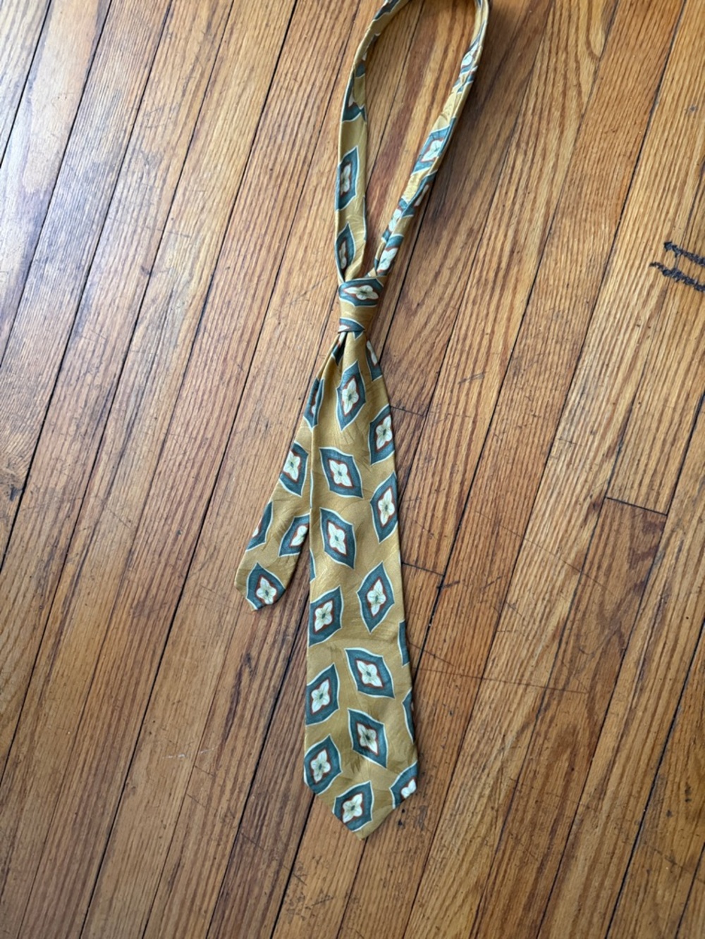 Boss Mustard Yellow Geometric Silk Tie with Teal and Cream Accents